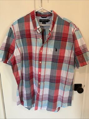 U.S. Polo Assn. Men’s Short-Sleeve Plaid Button-Up Shirt - Red & Blue